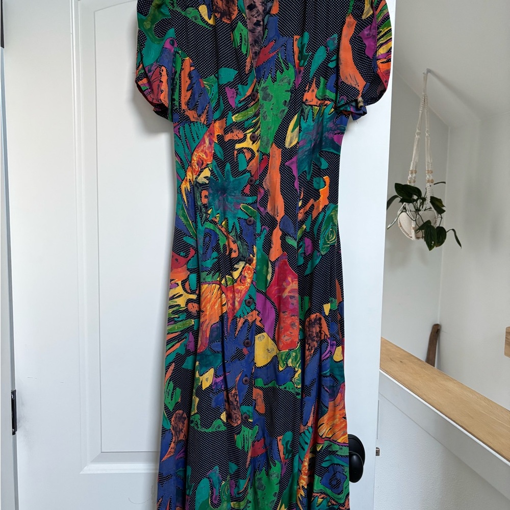Vintage Midi Dress - resort vibes - Vibrant Multicolor Midi Shirt Dress S